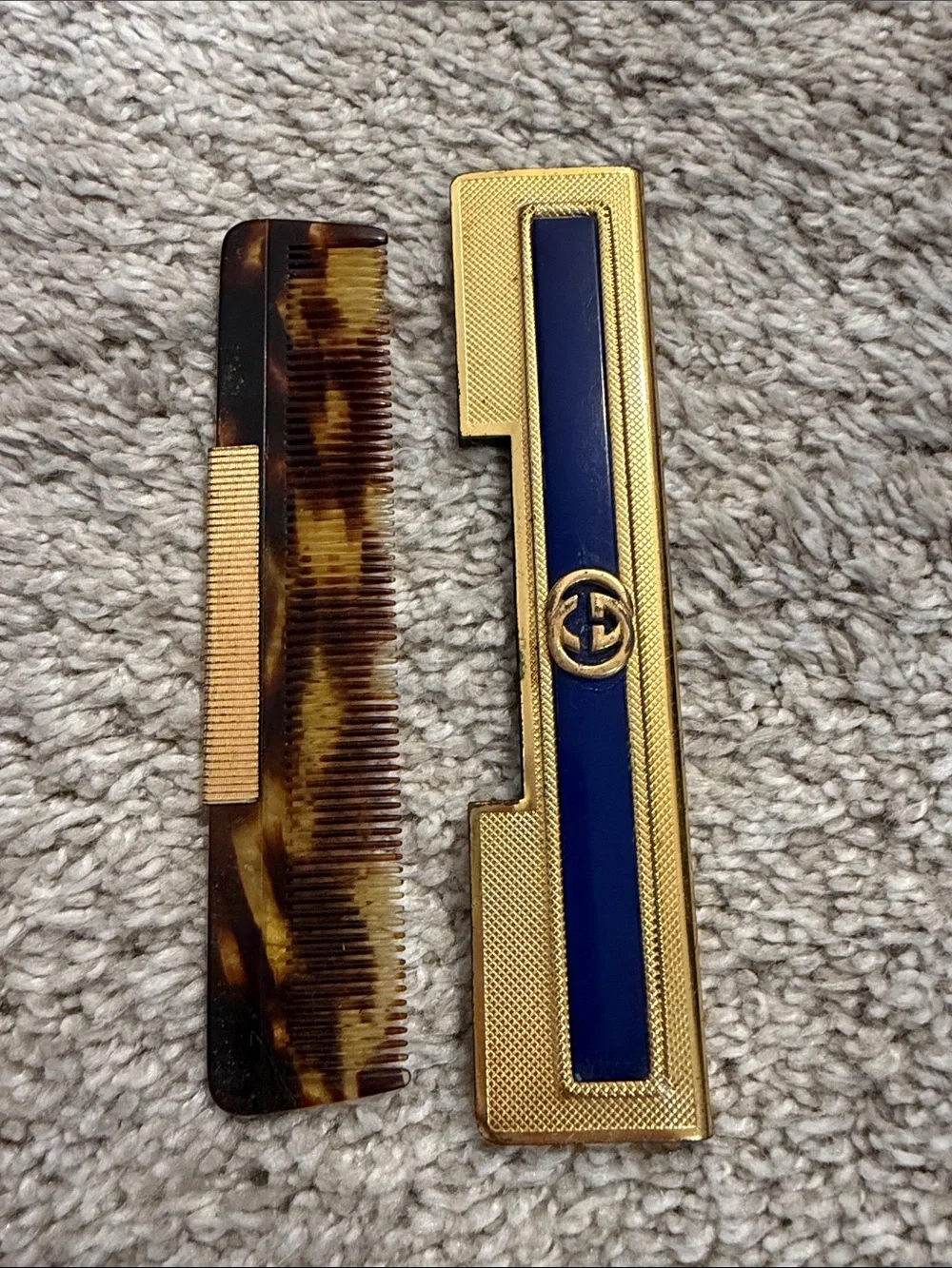 Gucci Gold and Navy Enamel Double-G Pocket Comb